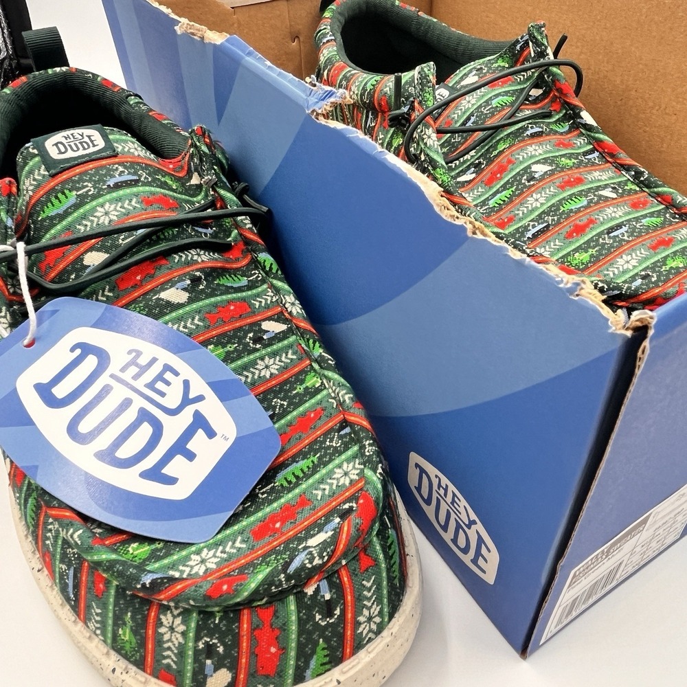 Hey Dude Wally Fishmas Mens Size 12 Christmas Sweater Shoes Loafers Green NEW